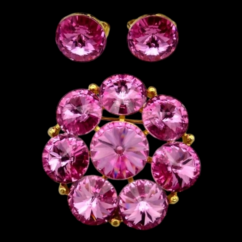 Vintage Pink Rivoli Rhinestone Brooch and Clip Earrings Set